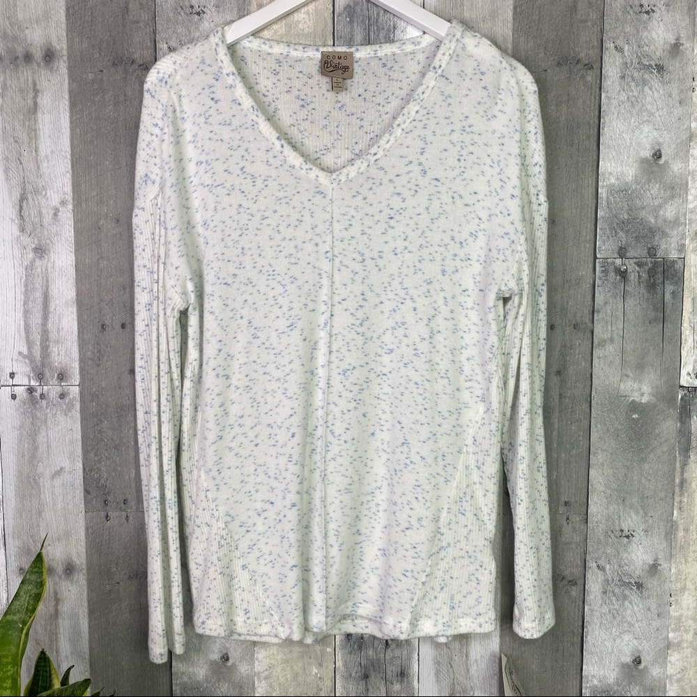 COMO VINTAGE NWT Blue White Speckled Heathered Ribbed Top Long Sleeves Sz Large